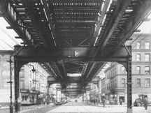 Archival image of elevated train line on Myrtle Ave.