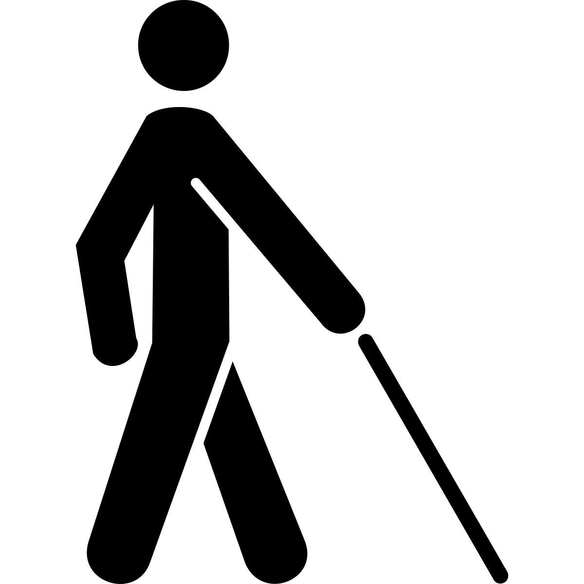 Black and white icon showing person walking with mobility cane