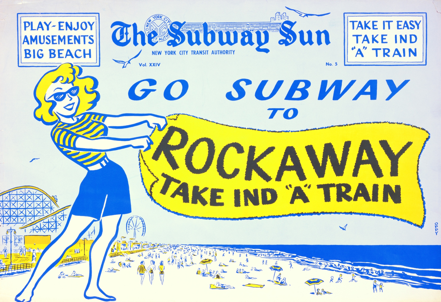 Vintage Subway Sun Advertisement, reads "Go Subway to Rockaway! Take IND "A" Train"
