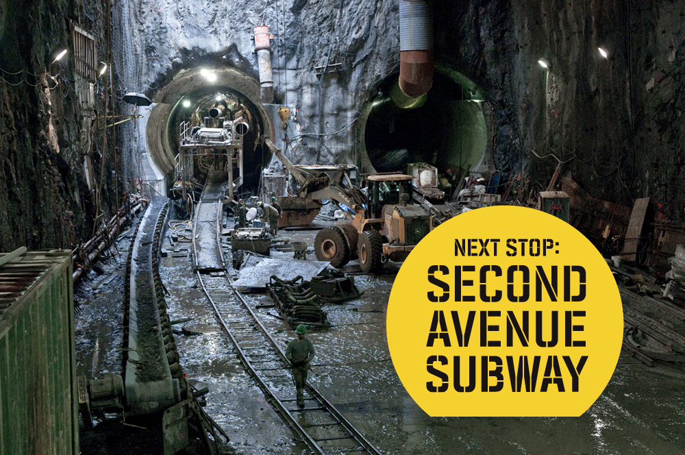 Image of Second Avenue Subway tunnels with construction workers; "Next Stop: Second Avenue Subway" overlaid in black text in a yellow circle.