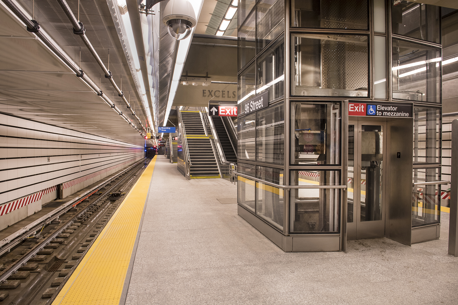 View of elevator at platform level in 96th Street station on Second Avenue subway line.