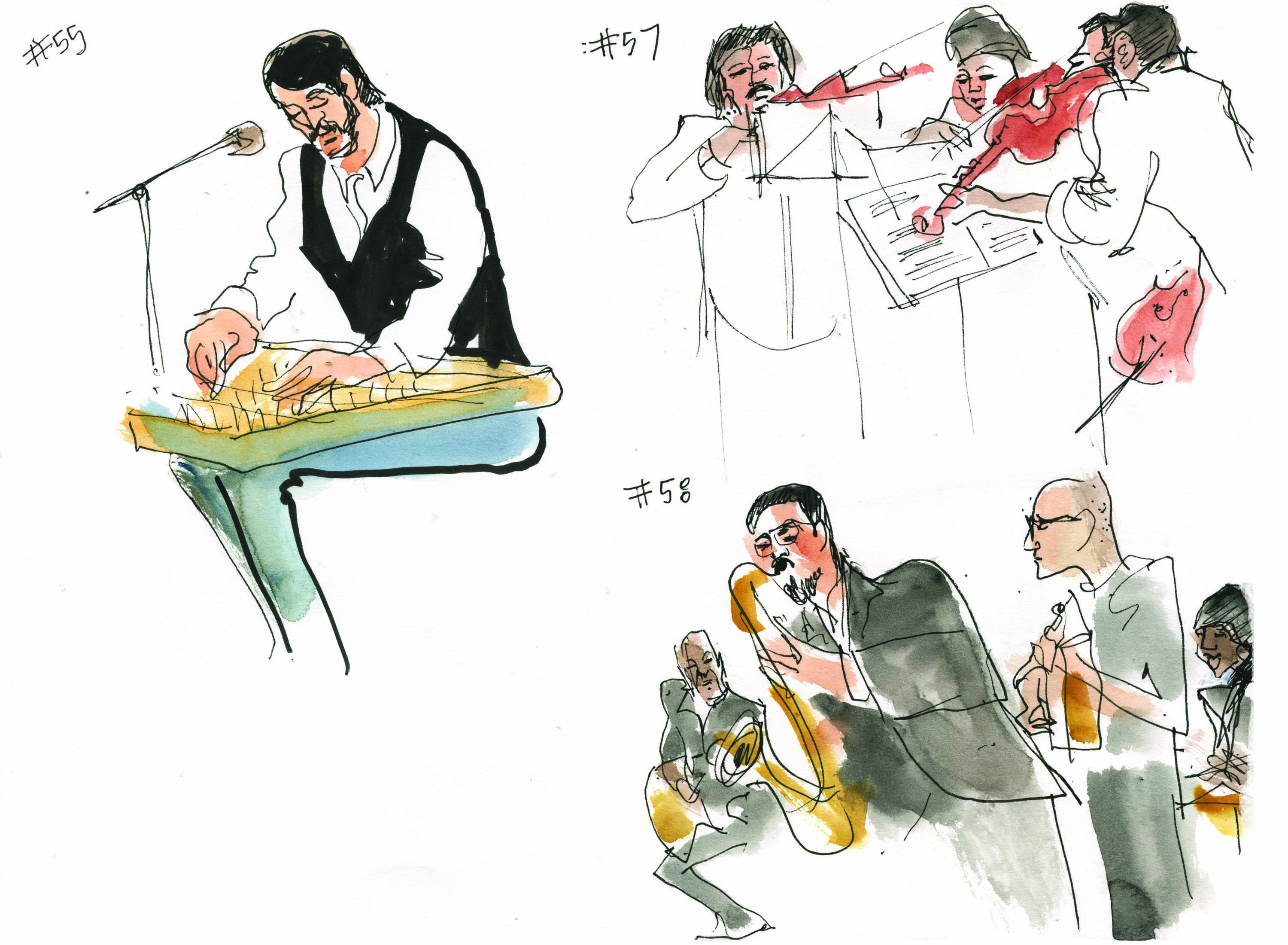 Sketches of musicians performing during MTA Arts & Design auditions at Grand Central Terminal by Joan Chiverton