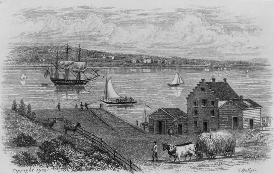 Engraving showing boats on East River