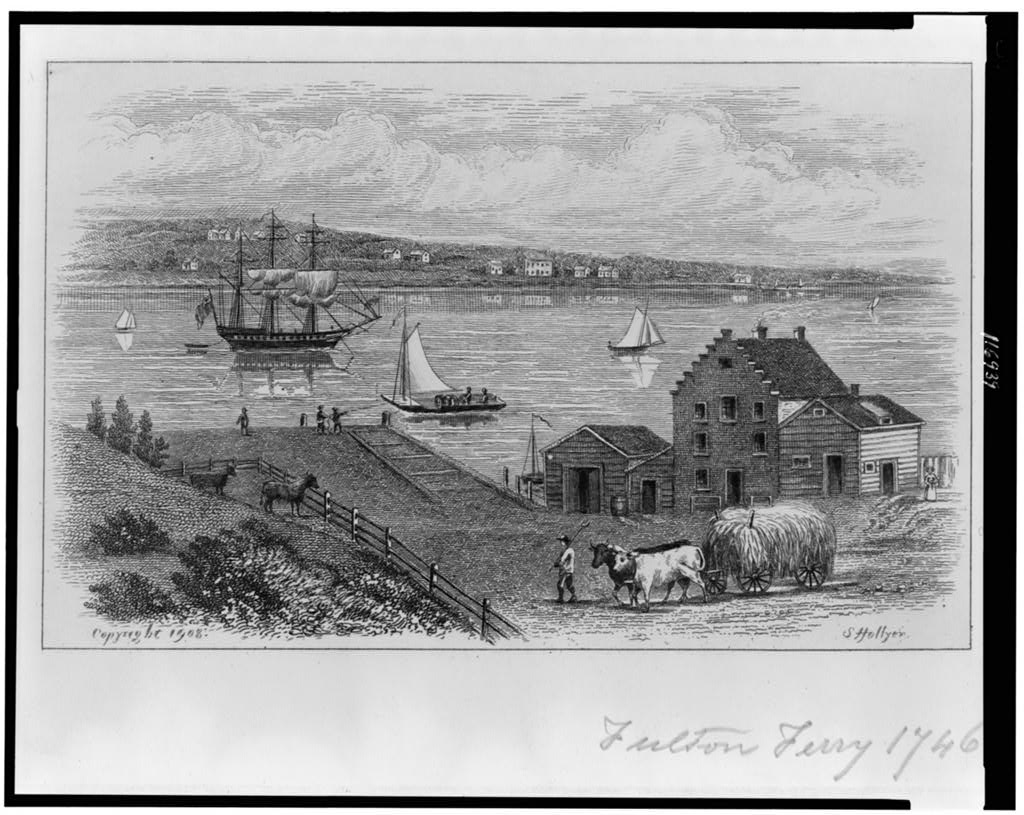Engraving showing boats on East River