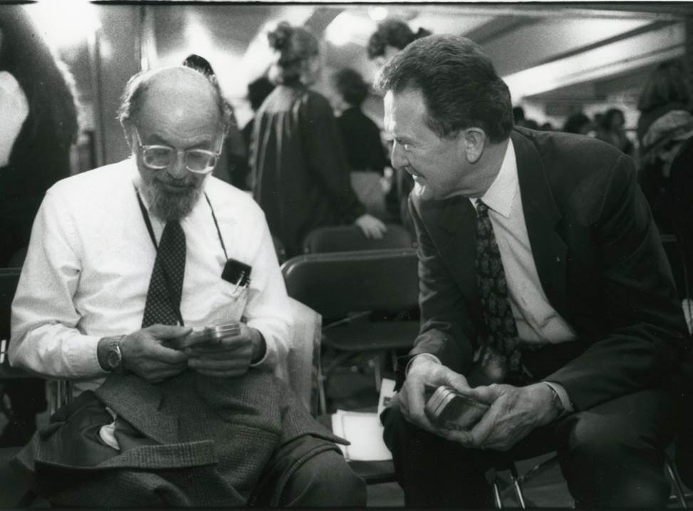 Allen Ginsberg chats with Alan Kiepper at the Transit Museum in 1994. An excerpt of his poem “Back on Times Square, Dreaming of Times Square,” was produced as part of the Poetry in Motion program in April 1995. Photo held in New York Transit Museum collections.