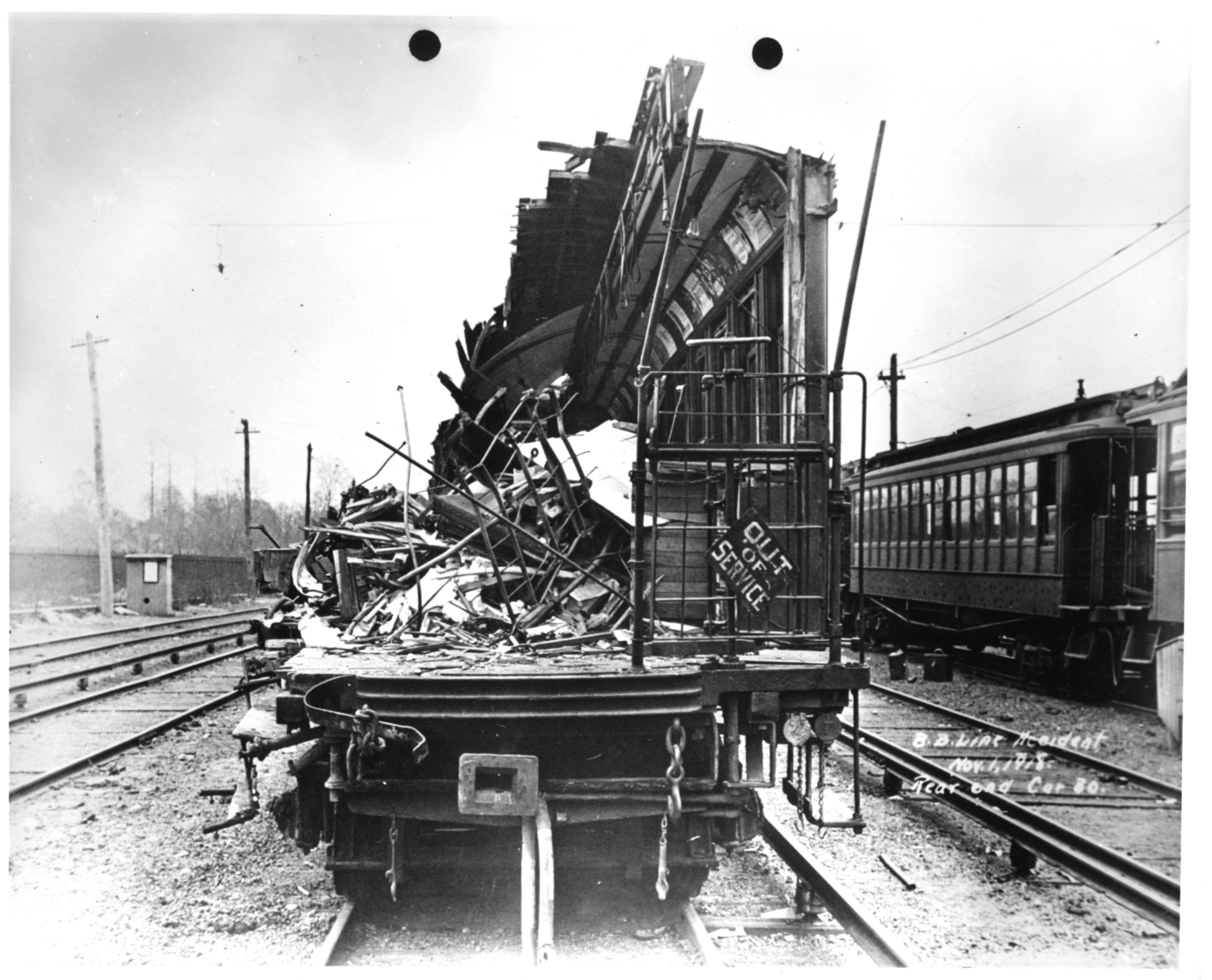 Wooden subway car with extensive damage following Malbone Street Wreck. Courtesy of New York Transit Museum.