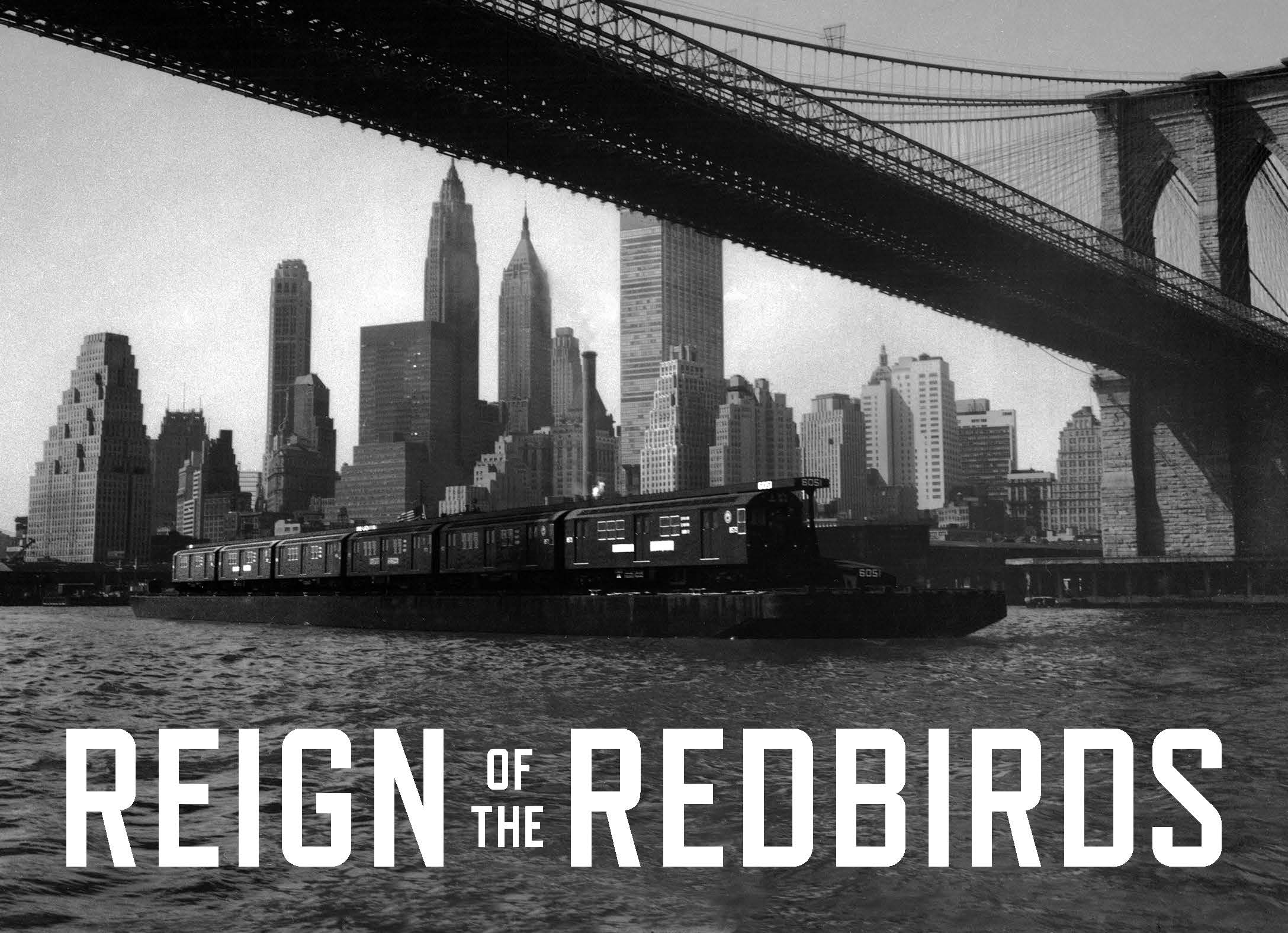 Photo of Redbirds on Barge with Manhattan Skyline and title of exhibit