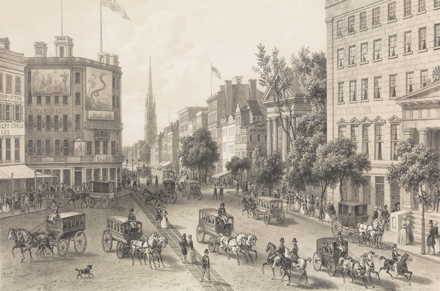 A New York City street busy with horsecars and pedestrians around 1850.