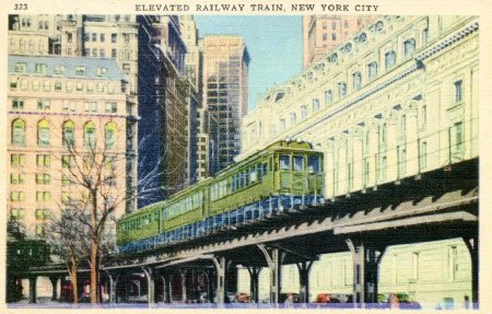 Depiction of the elevated line as it rolls past the Customs House (now Museum of the American Indian) in lower Manhattan.