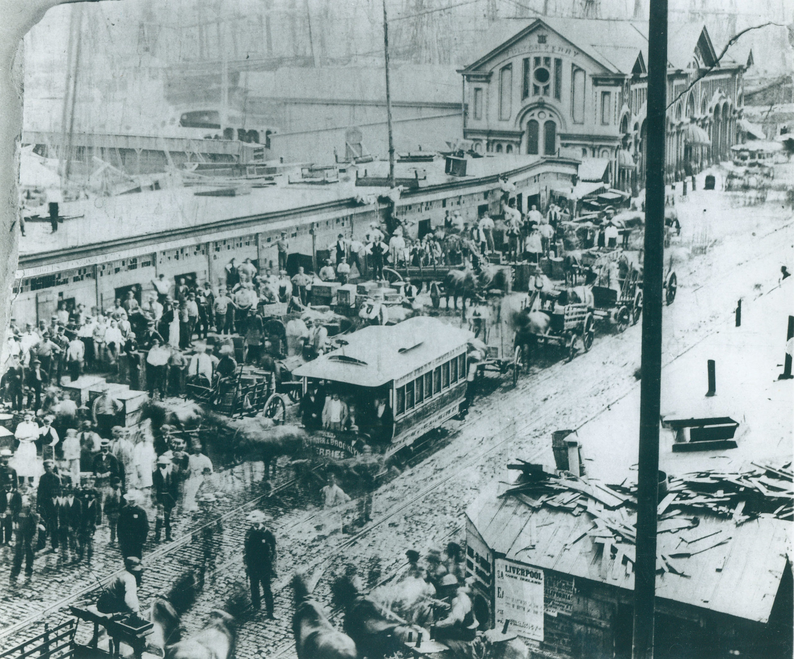 1800's New Yorkers and horsecars crowding in the street