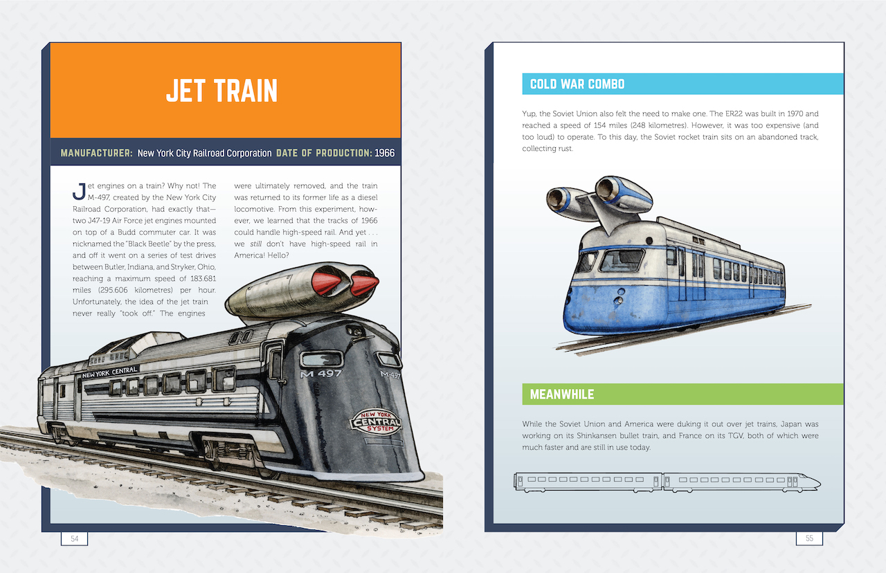 A page from Michael Hearst's book Unconventional Vehicles with illustrations of two different trains by Hans Jenssen.