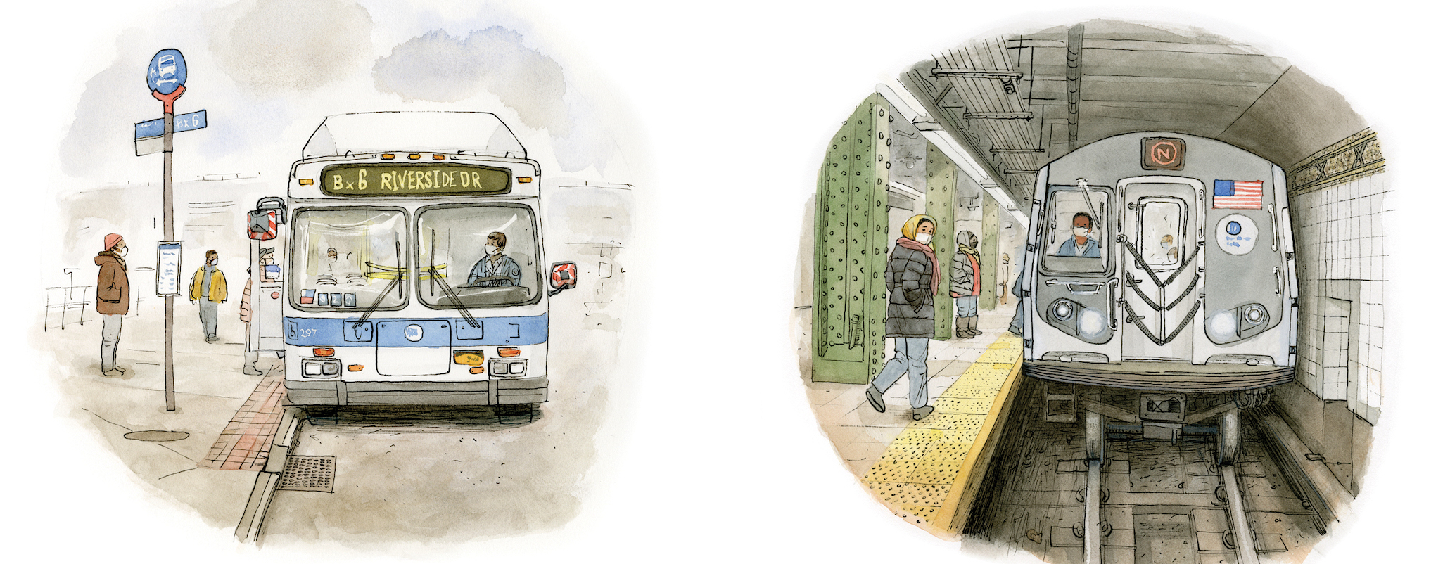 A page from Brian Floca's book Keeping the City Going, depicting an NYC bus and subway car.