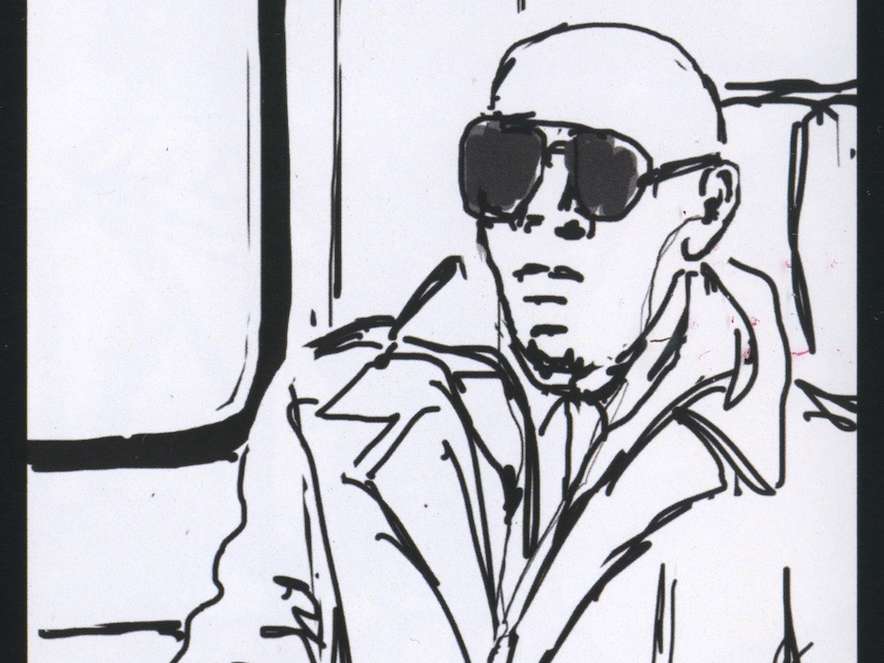 Commuter wearing sunglasses on NYC Subway, sketch by Naomi Grossman