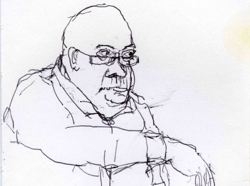 Man resting arm on cane during commute on NYC Subway, sketch by Amy Tenenouser