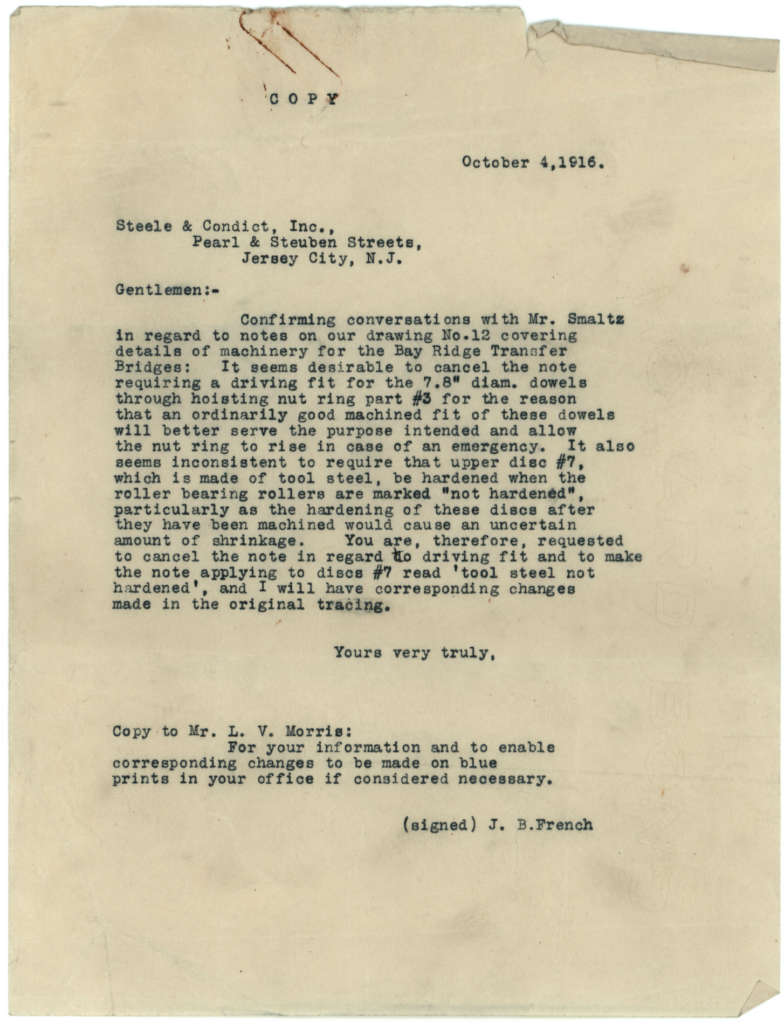Correspondence regarding the Bay Ridge Transfer Bridge from Steele & Condict, Inc., dated October 4, 1916.