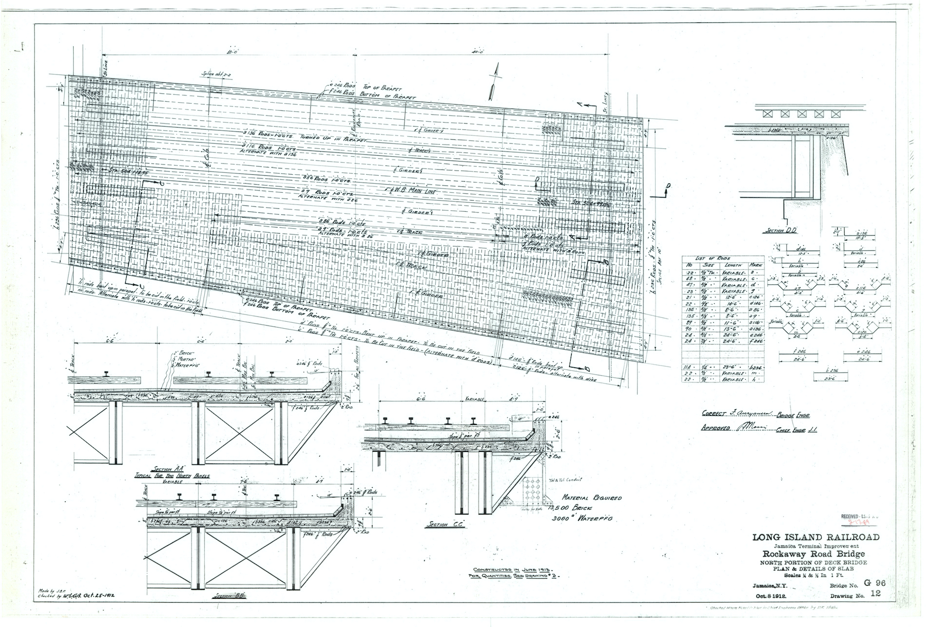 Architectural drawing of Long Island Railroad Jamaica Terminal Improvement, Rockaway Road Bridge…”, dated October 8, 1912.