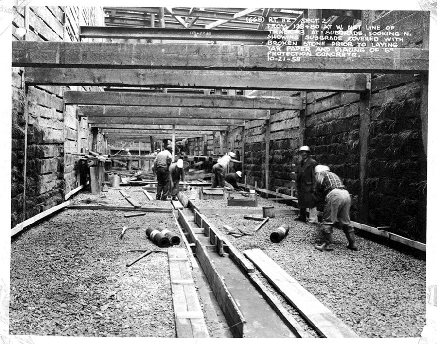 Construction under Chrystie St, October 1958. New York Transit Museum.