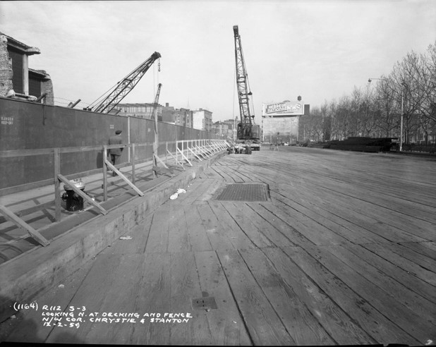 Chrystie Street Decked Over for Tunnel Construction, December 1959. New York Transit Museum.