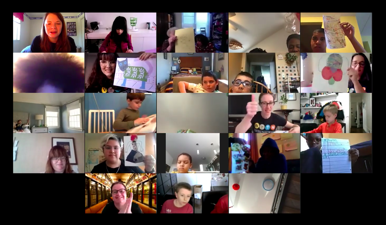 A screenshot of a Special Day Online on Zoom with some participants holding up their artwork.