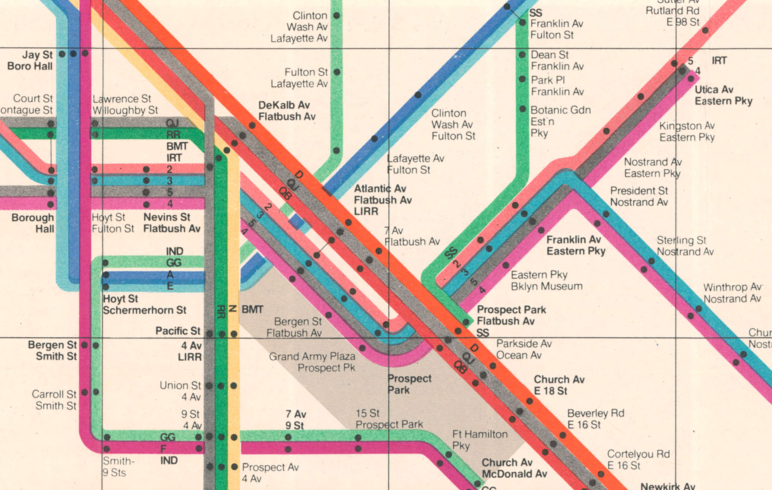 Details of 1972 subway map with bright colors and station name.
