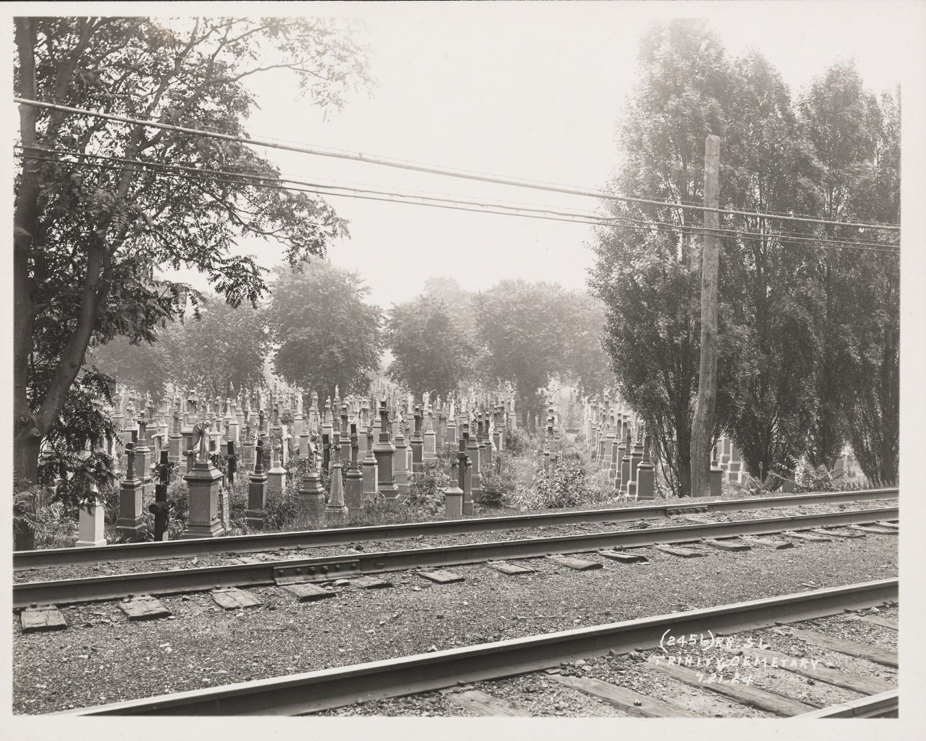 Rail tracks in front of cemetery