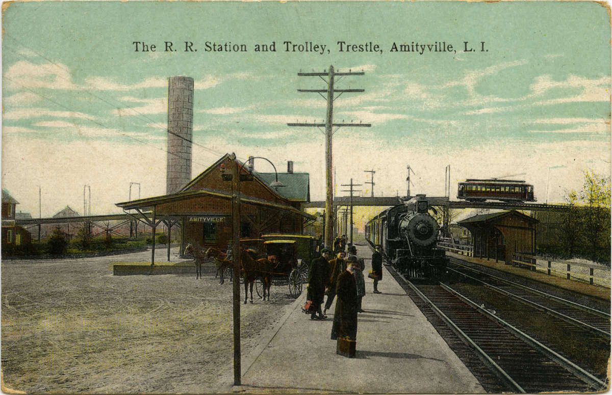 The R.R. Station and Trolley, Trestle, Amityville, L.I., 1911 New York Transit Museum Postcard Collection 2011.35.10