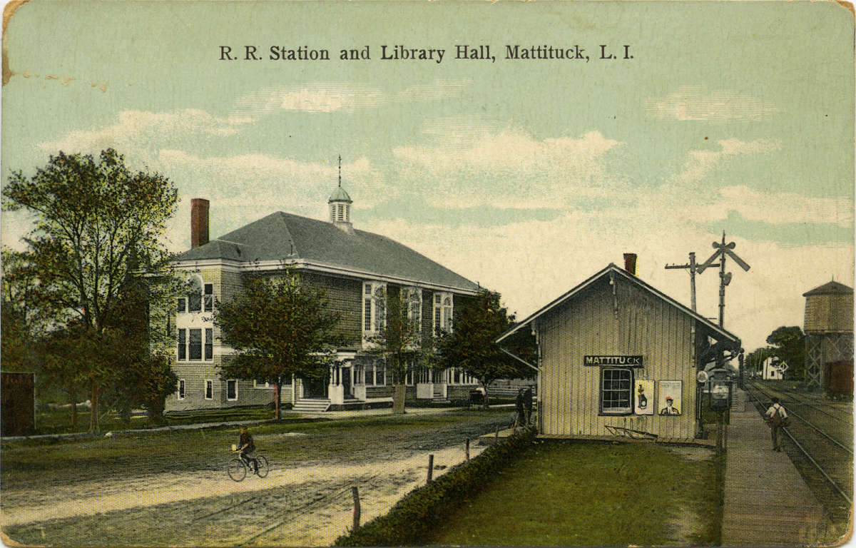 R.R Station and Library Hall, Mattituck, L.I., c. 1910s New York Transit Museum Postcard Collection 2012.7.9