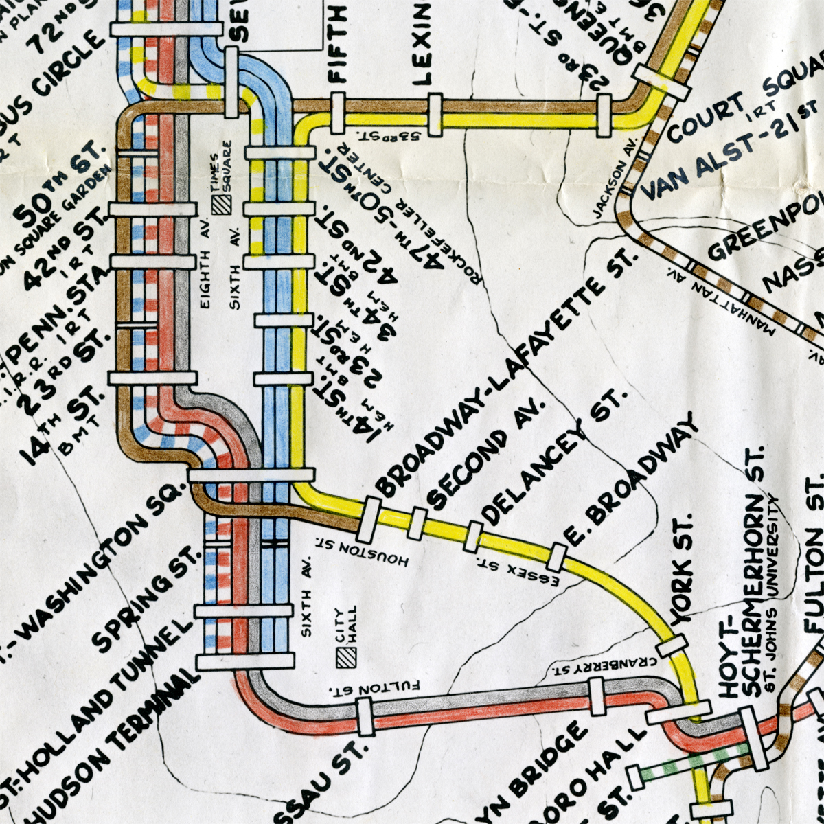 Handdrawn and colored New York City Subway Map.
