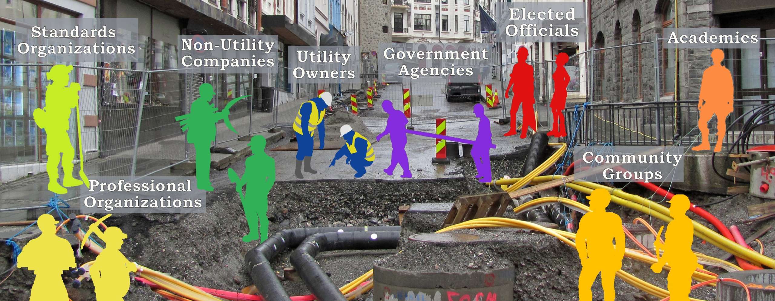 Open ground with conduit tubes and figures representing city stakeholders