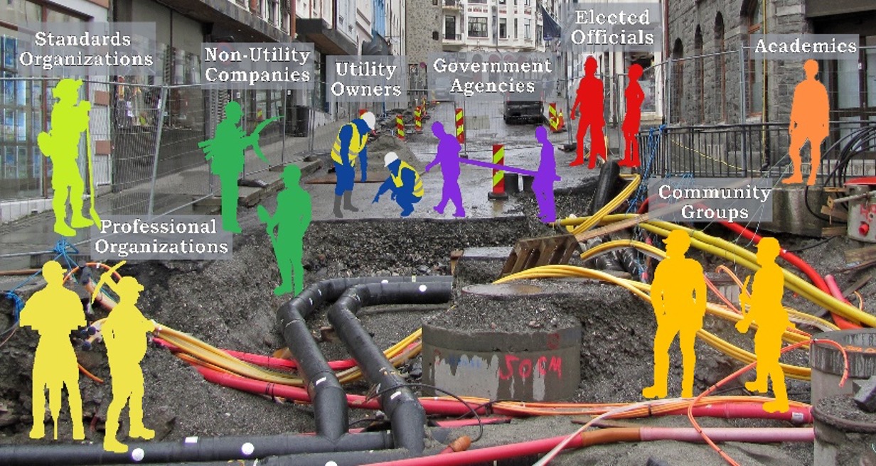 Open ground with conduit tubes and figures representing city stakeholders