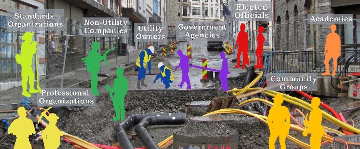 Open ground with conduit tubes and figures representing city stakeholders