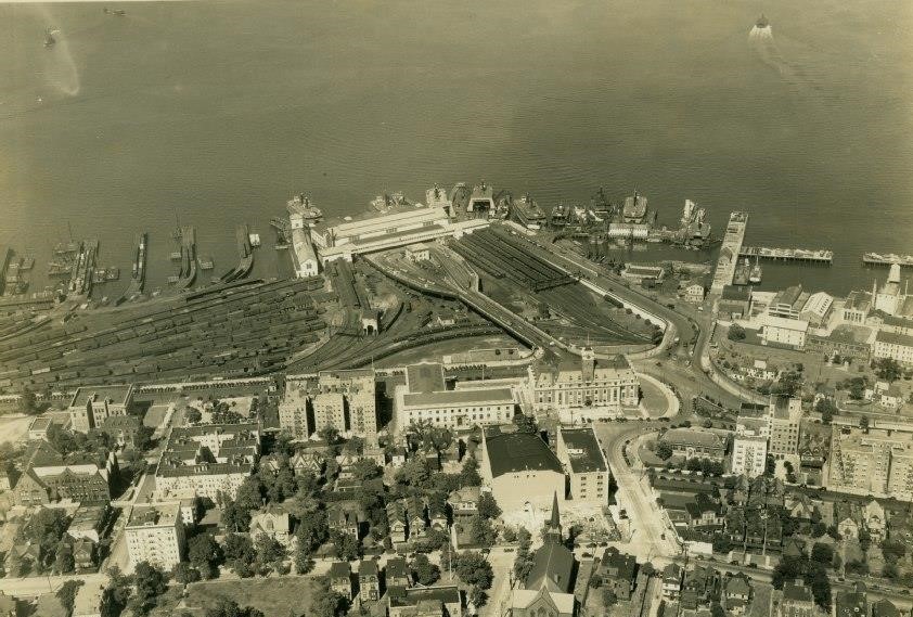 Aerial view of St. George Terminal, Staten Island showing rail yard and ferry terminal.