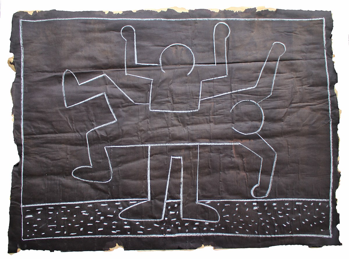 Example of Keith Haring chalk drawing featuring intersecting figures outlined in white