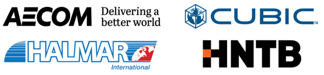 Logos: AECOM, CUBIC, Halmar International, HNTB