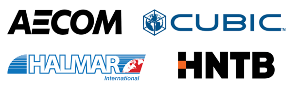 Logos: AECOM, CUBIC, Halmar International, HNTB