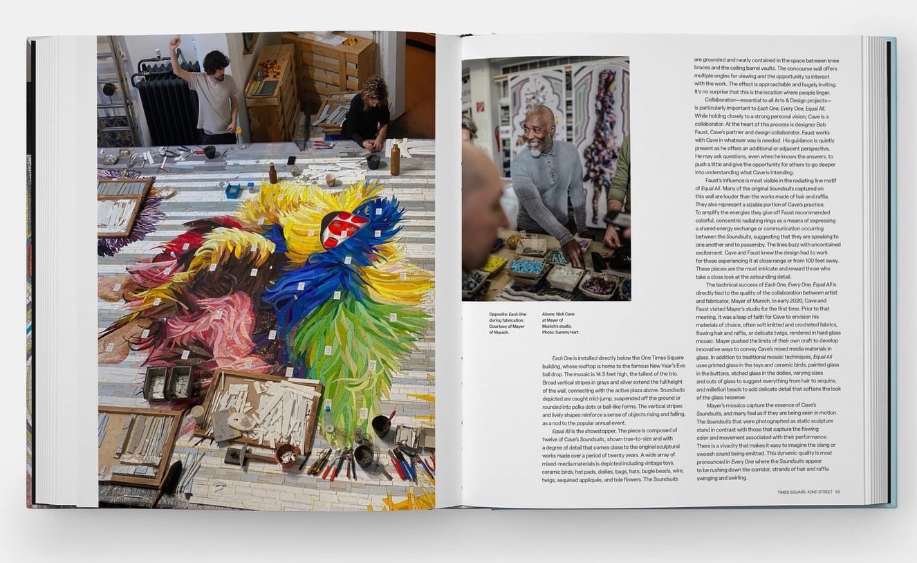 Open pages from book featuring artist Nick Cave.