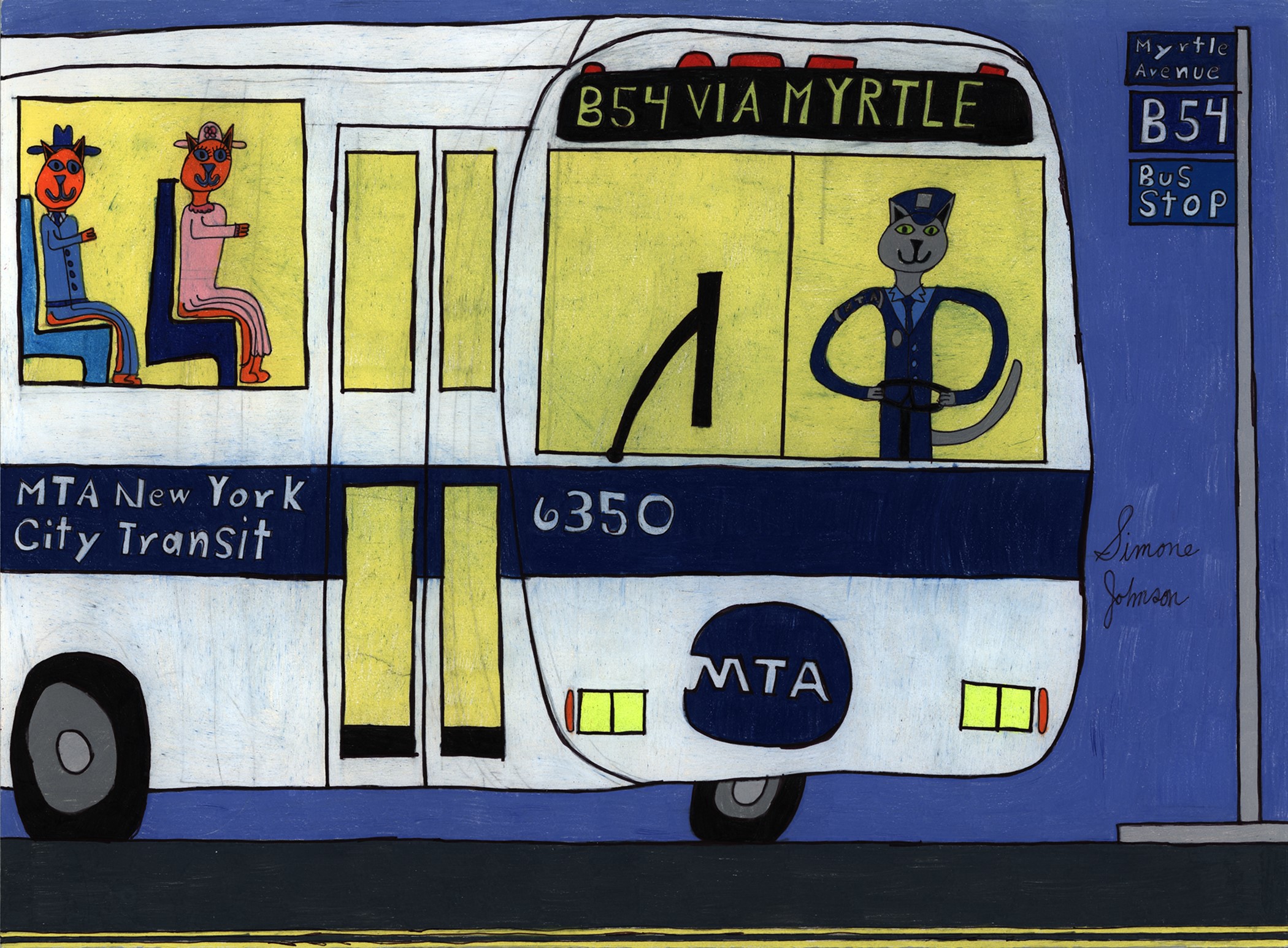 Artwork by Simone Johnson, a blue and white MTA NYC Transit Bus #6350 at B54 stop