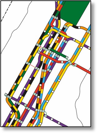 Subway map design featuring multiple colors.