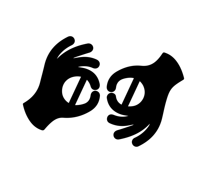 Black and white icon showing hands in sign language position