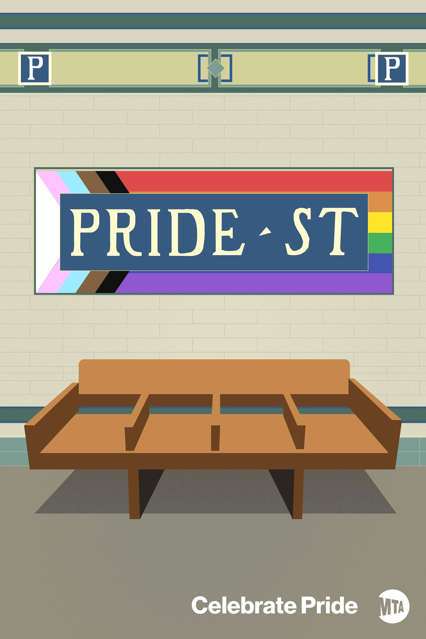 Illustration of Pride St sign above a subway bench.