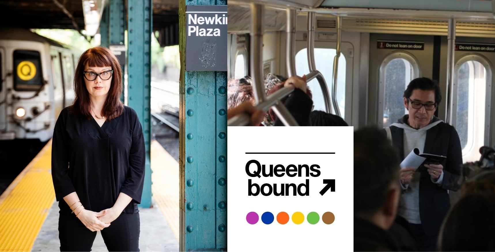 A woman stands on a subway platform and a man reads from a paper inside a subway train car.