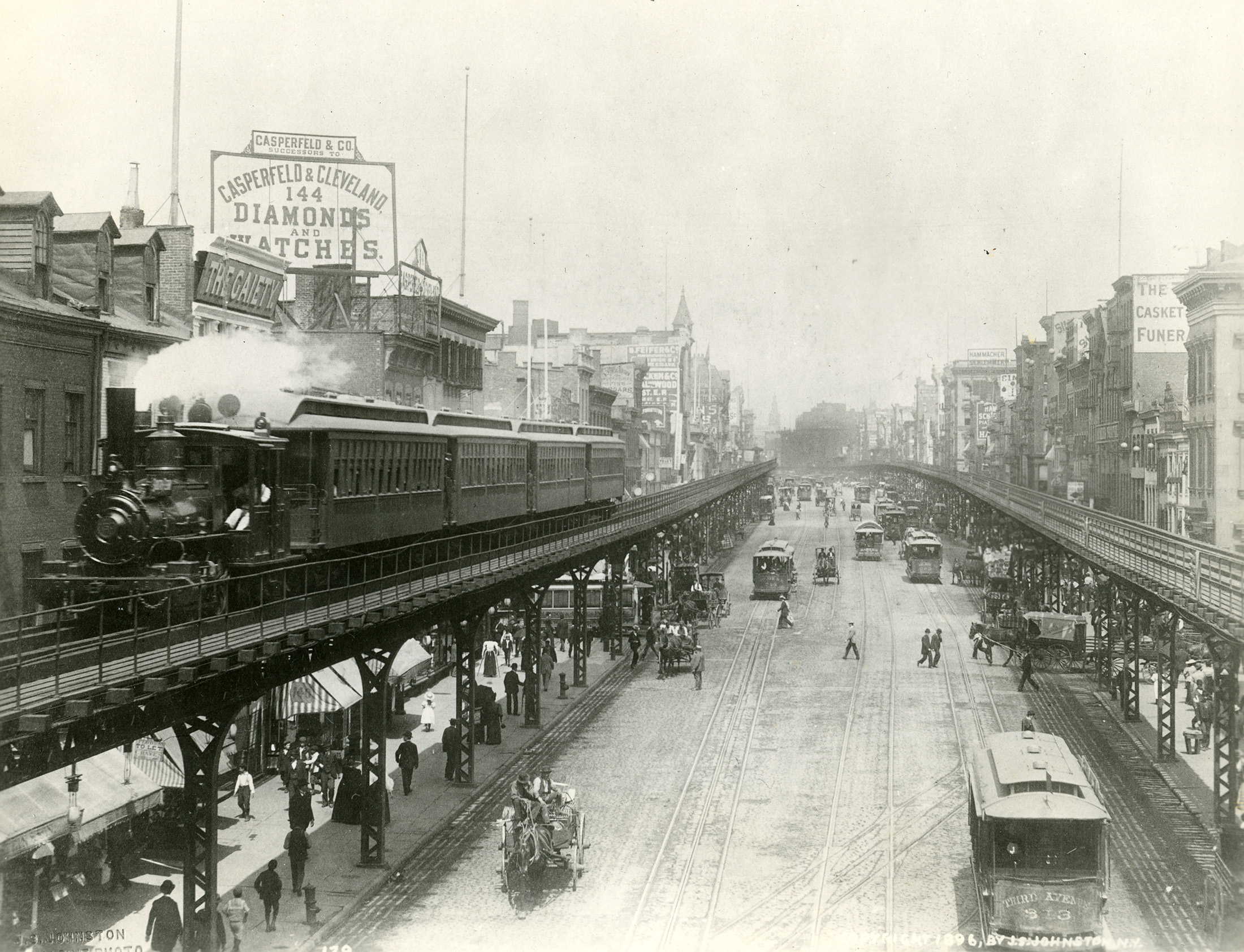 Elevated train lines run along both sides of a wide street. A steam train travels on one side. Streetcars and horse drawn carts are visible on the street level. (Third Ave El)