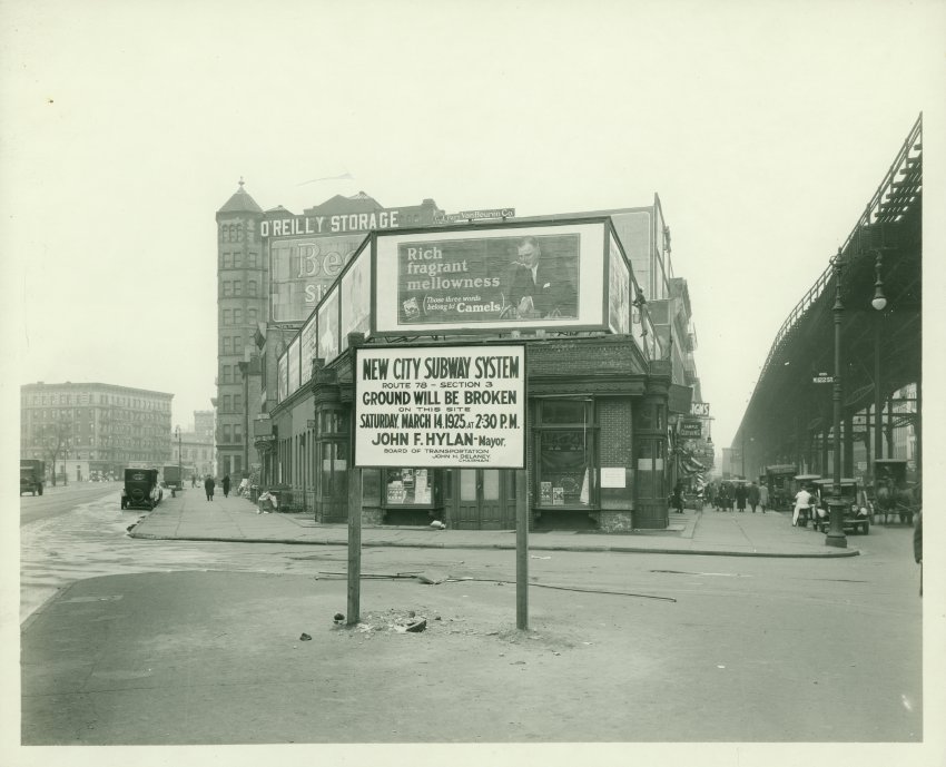 Sign on street market the beginning of construction of the IND Eighth Avenue Line.