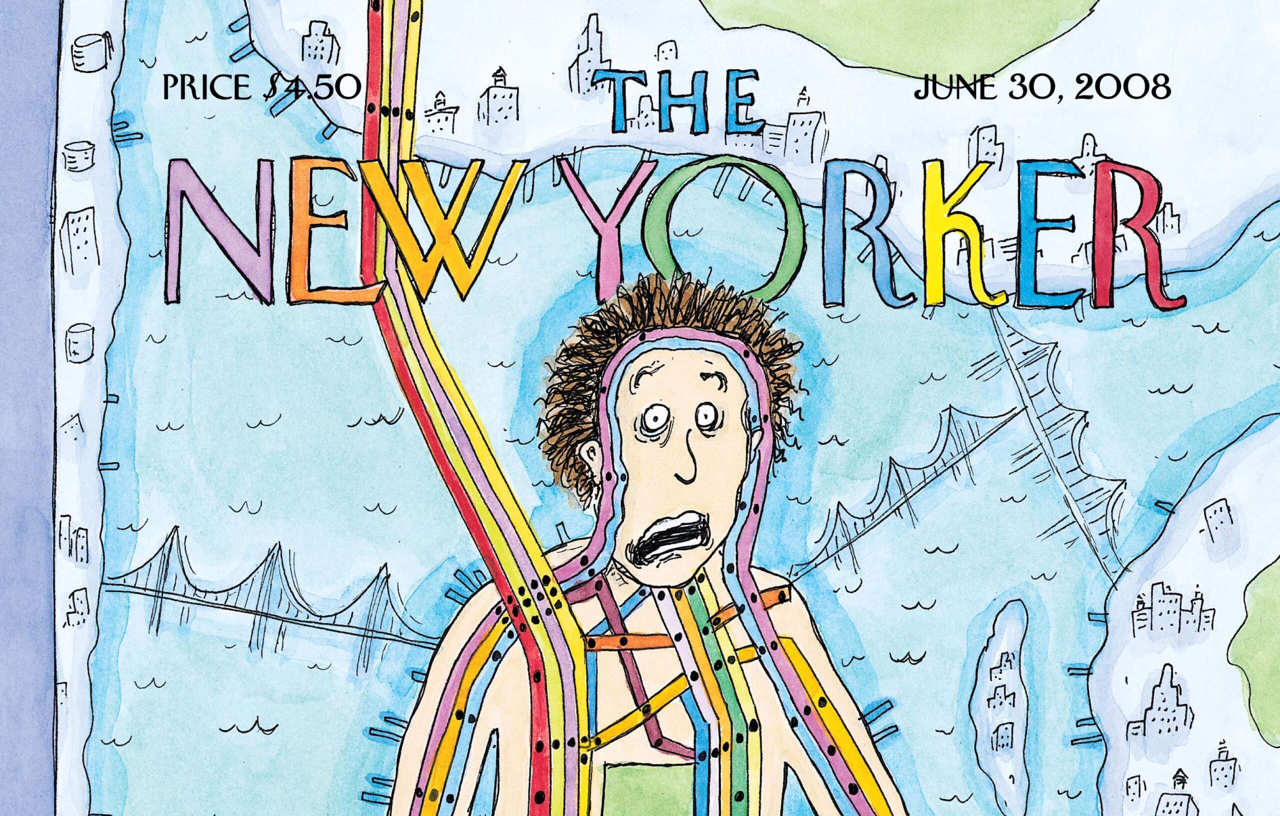 New Yorker Magazine cover art featuring illustration of New York as a body with a grimacing face