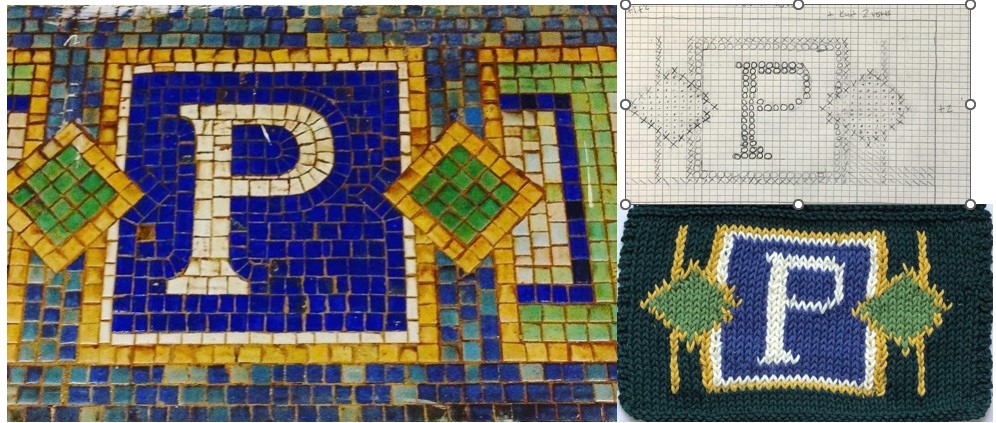 On left a subway mosaic of the letter P. On the right top a grid drawing of the P and on the right bottom, a knit version.