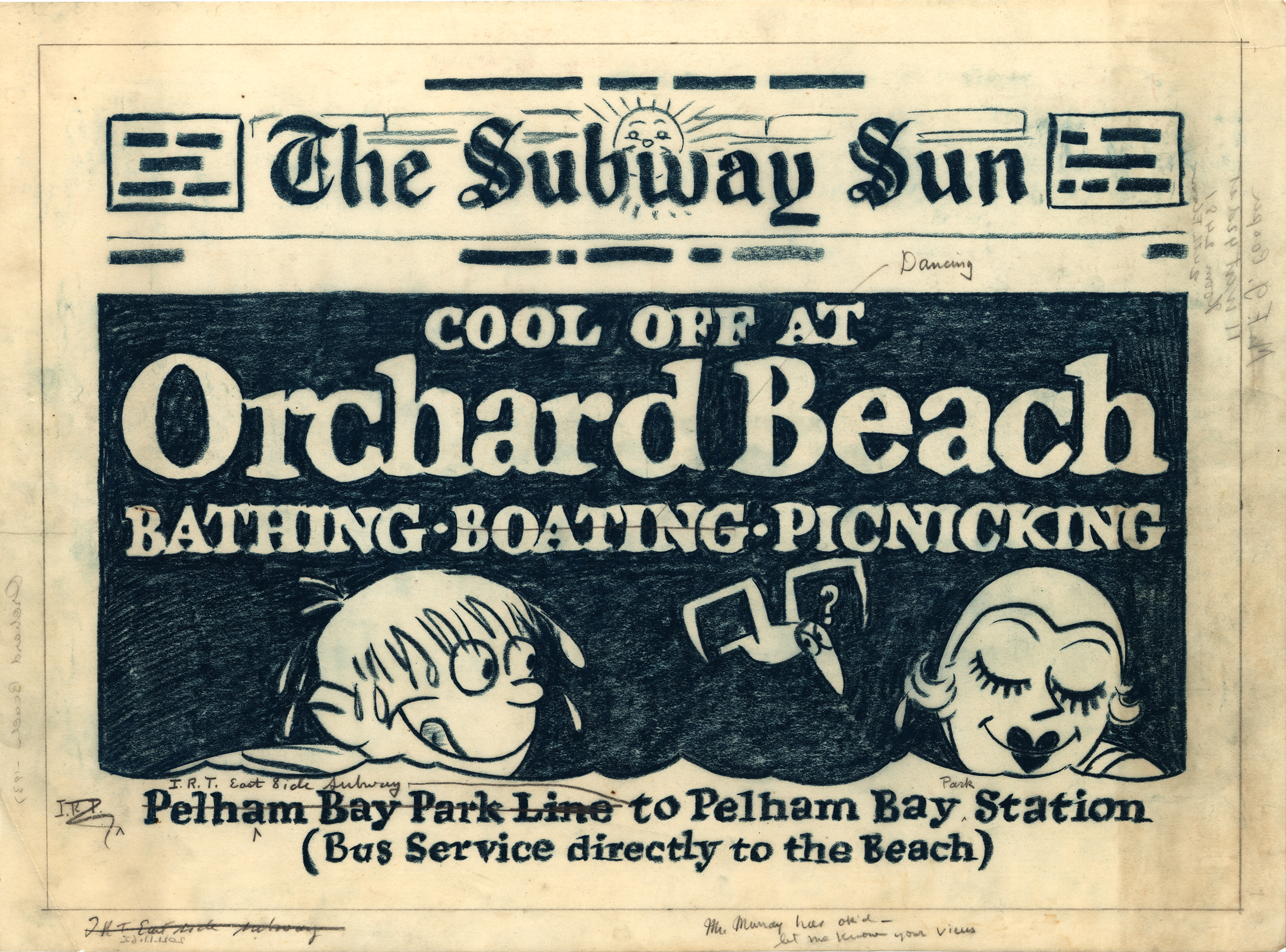 A drawing of the Subway Sun that features a boy and girl swimming.