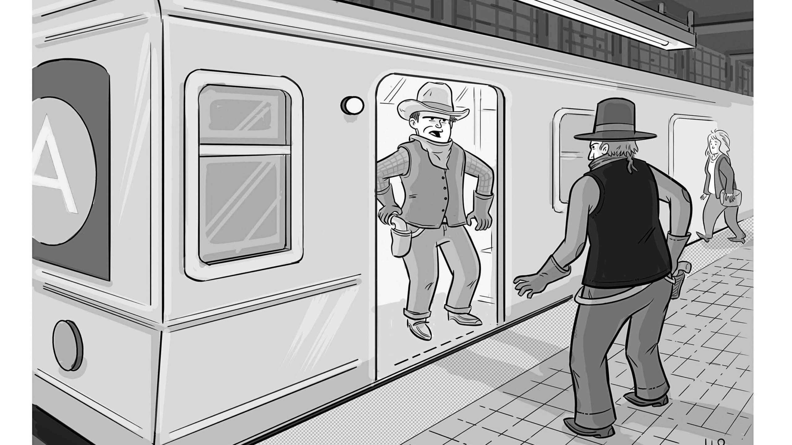 Ellis Rosen March 18, 2019 Two cowboys face off at and open subway car door. Caption reads, “’You ain’t gittin’ on this train until I git off first.’”