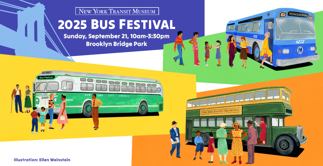 Illustration of three vintage buses under the Brooklyn Bridge with text "2025 Bus Festival Sunday, September 21, 10am to 3:30pm Brooklyn Bridge Park"