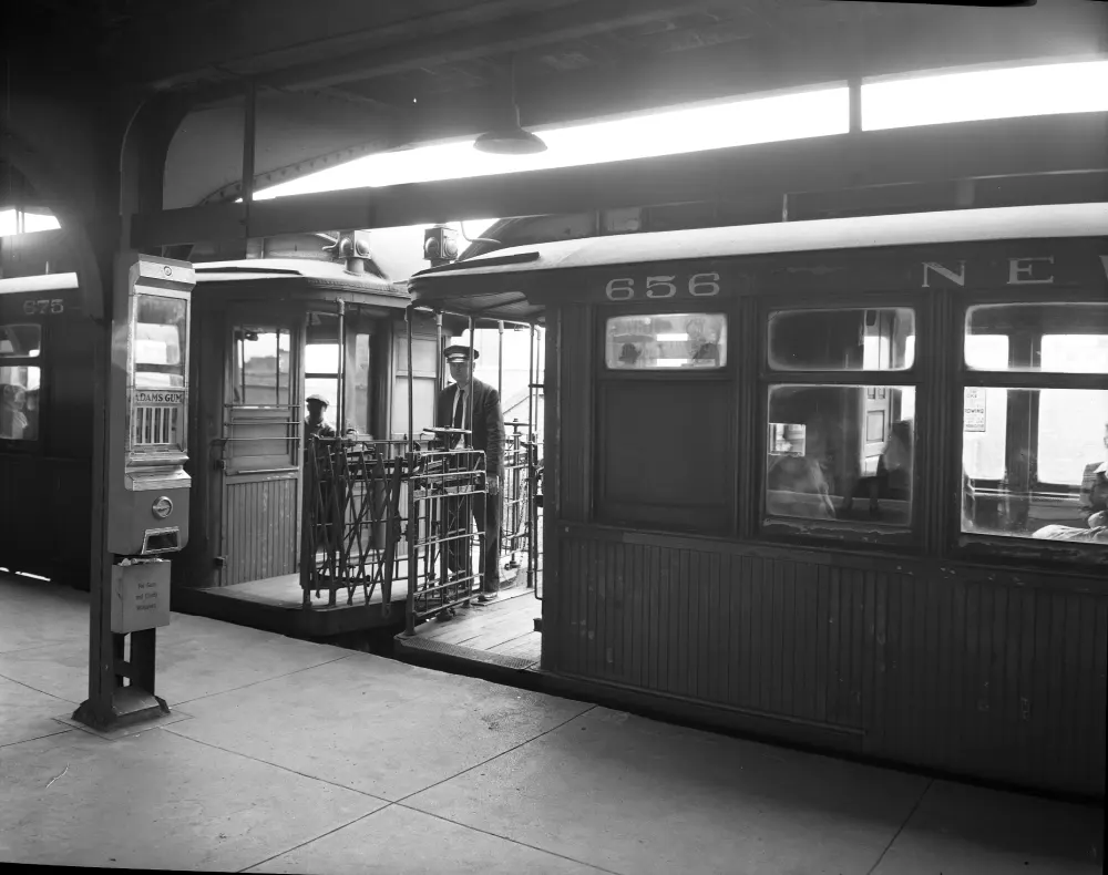 Train conductor standing between 2 cars