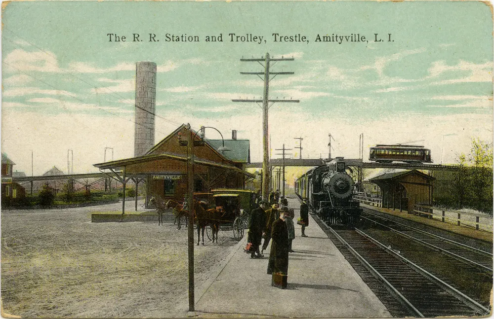 Drawing of the R.R. Station and Trolley, Trestle, Amityville, Long Island